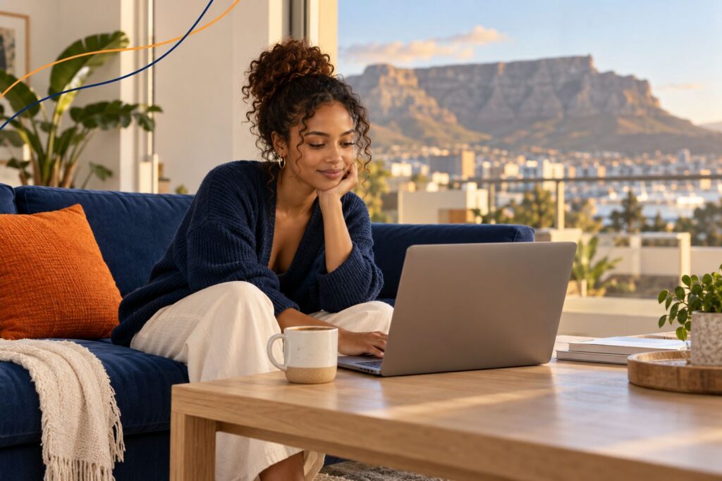 Woman reading articles on her laptop in a bright Cape Town living room with Table Mountain behind her