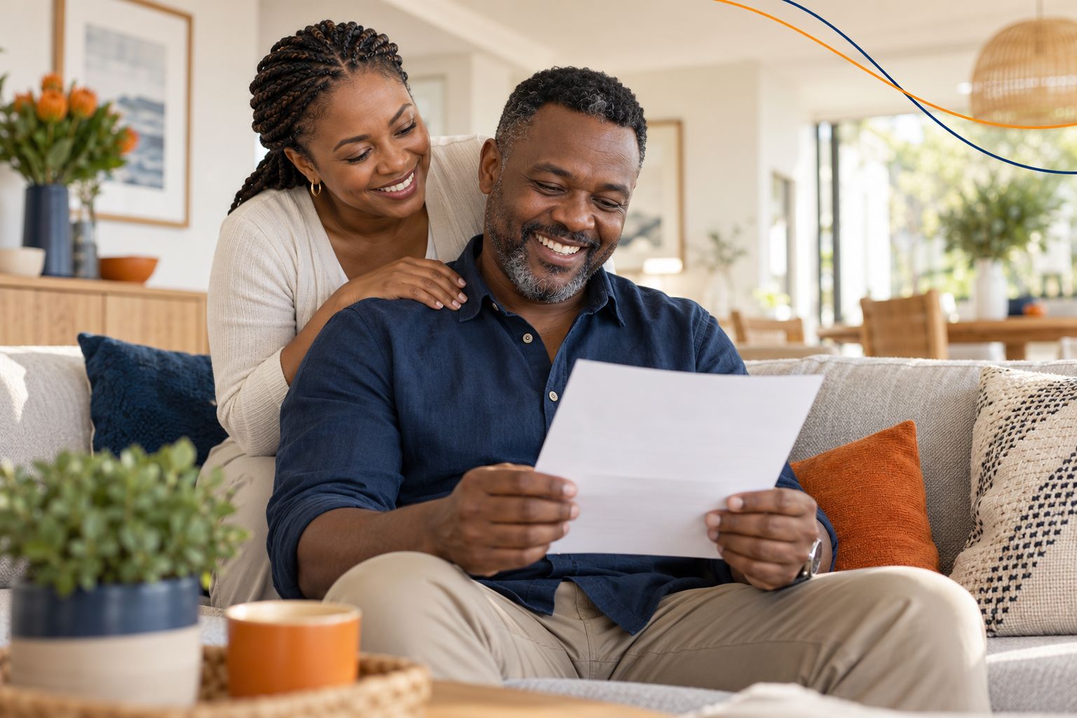 Relieved man holding a letter at home with his partner beside him