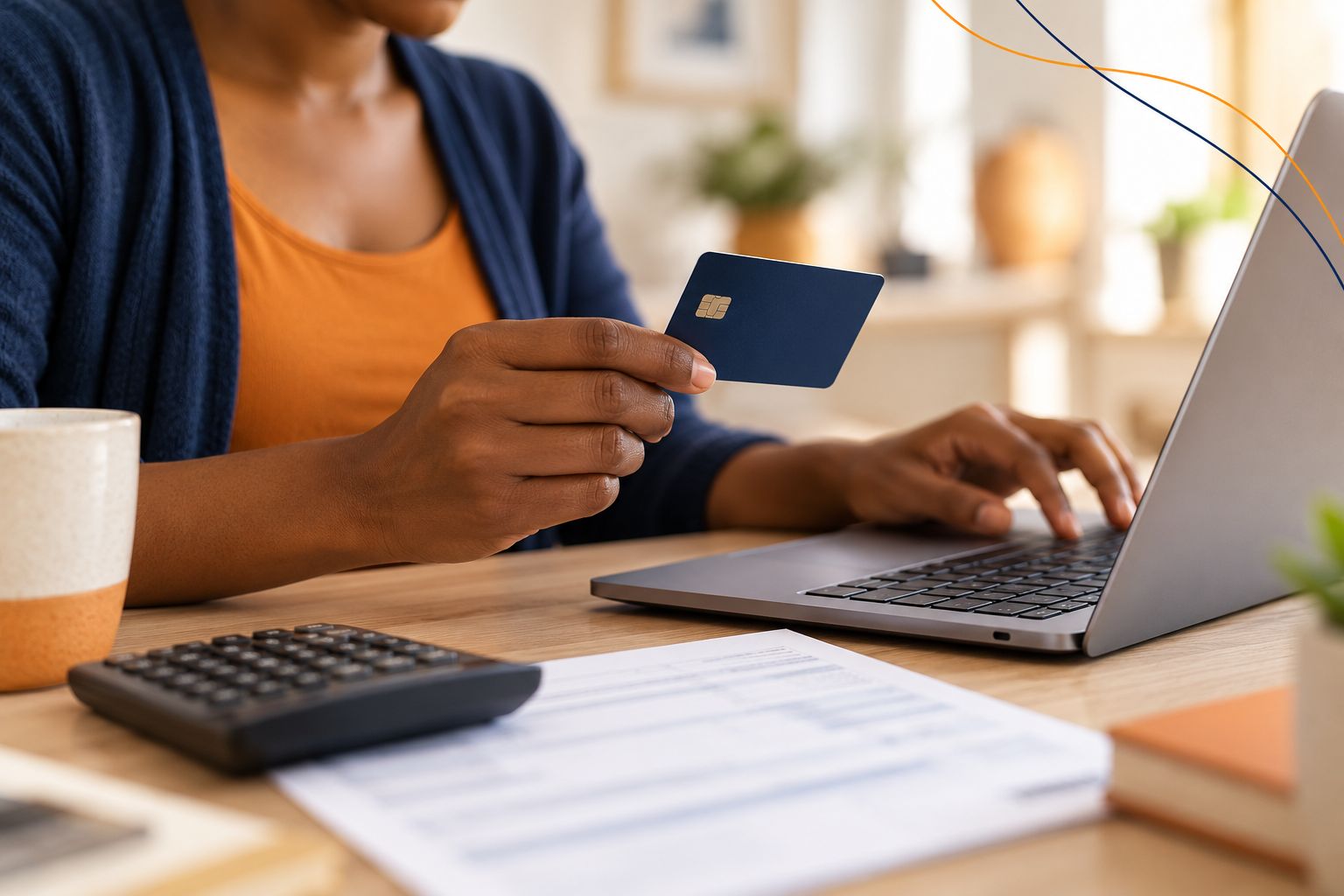 Hands holding a bank card above a laptop beside a calculator and statement