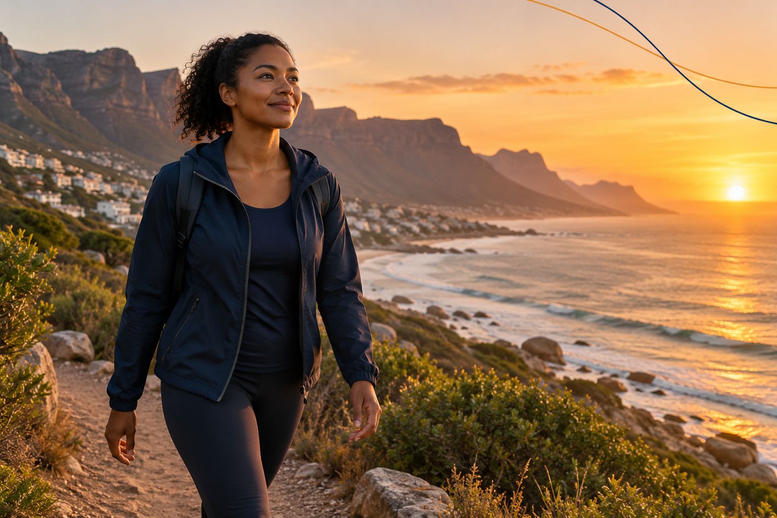 Woman walking along a coastal path at sunrise