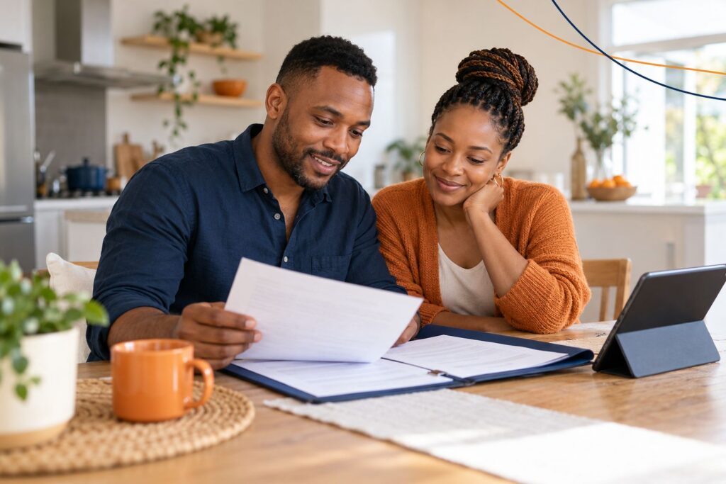 Couple reading through their paperwork together at the kitchen table