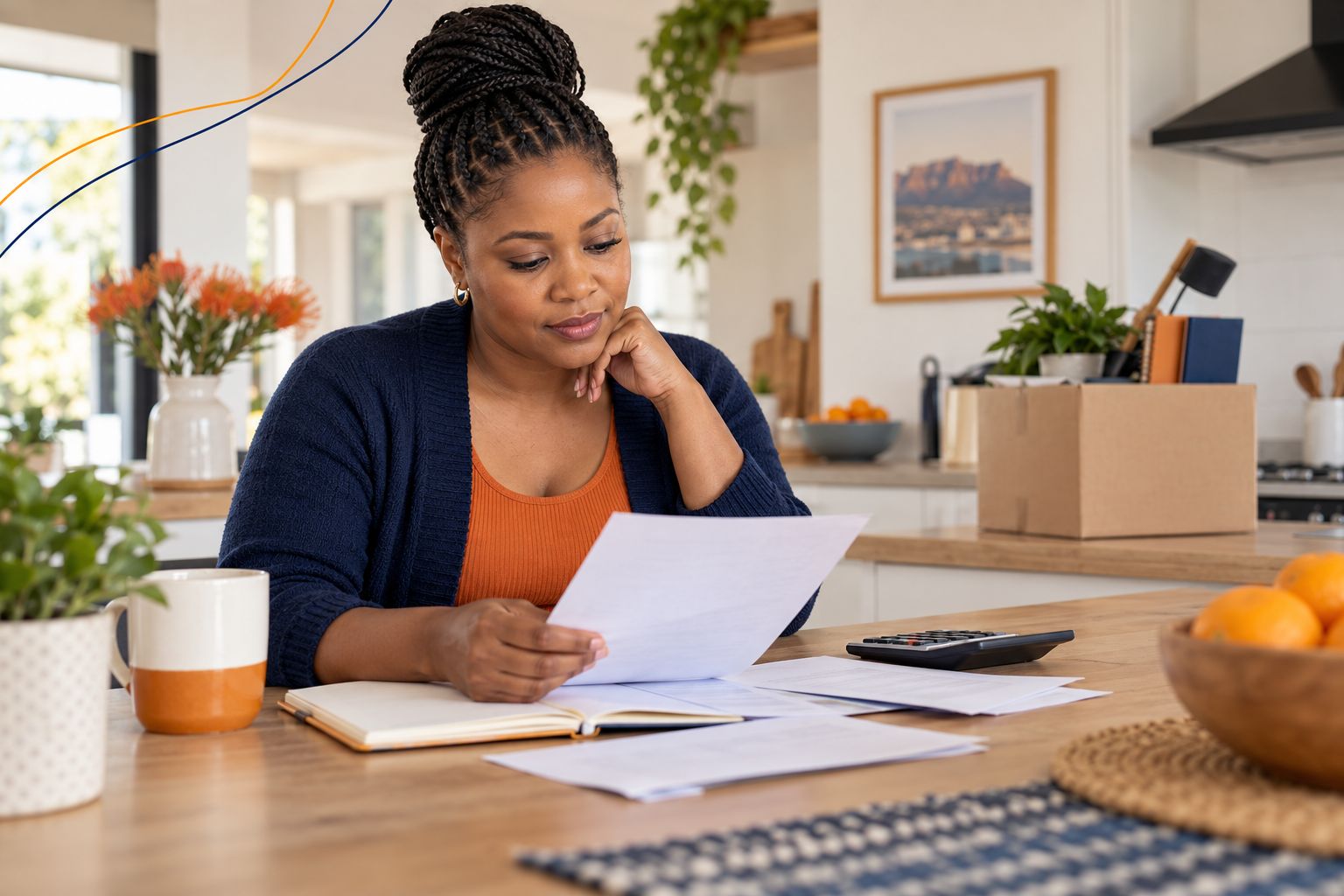 Woman reviewing household bills at her kitchen counter after losing her job