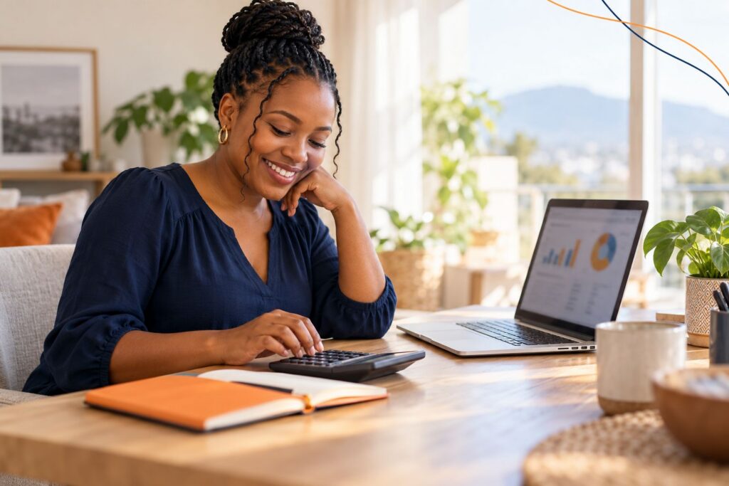 Smiling woman using a calculator and laptop to plan her budget